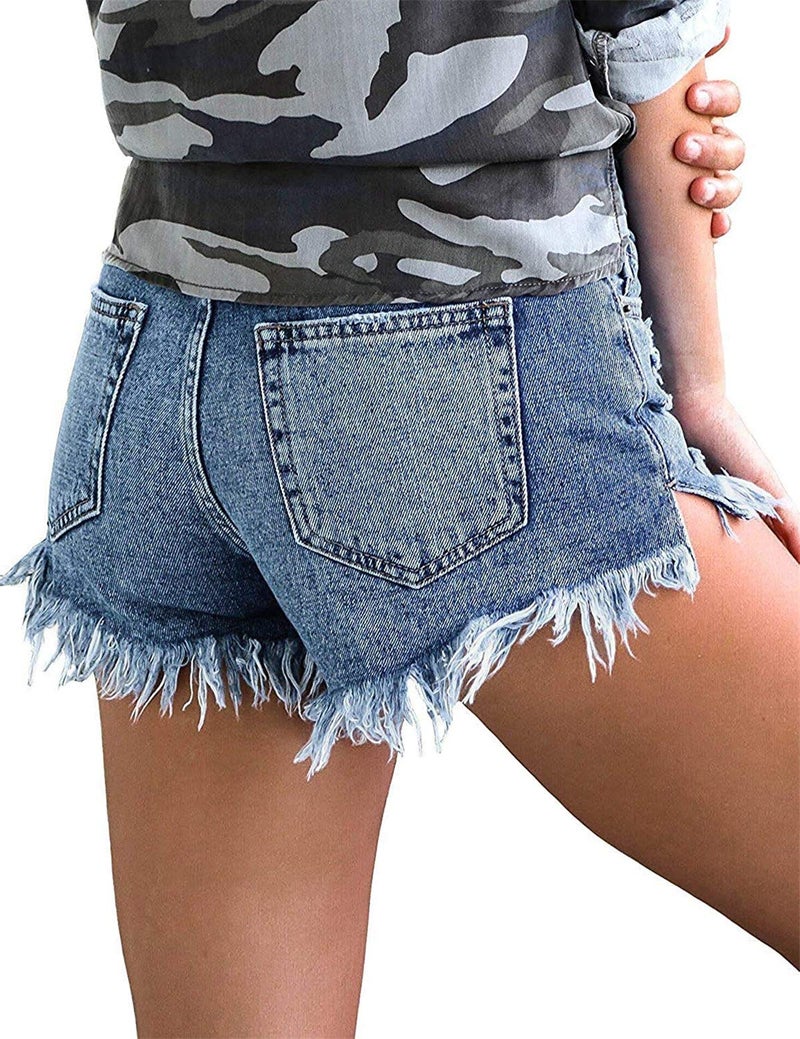 onlypuff Blue Jean Shorts Mid Rise Shorts Ripped Denim Shorts for Women Stretchy Jeans S - Image 3